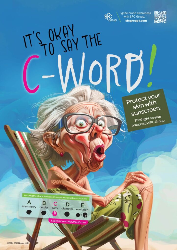 surprised elderly woman resting on a sun lounger. an inscription next to her "it's okay to say the C-word!"