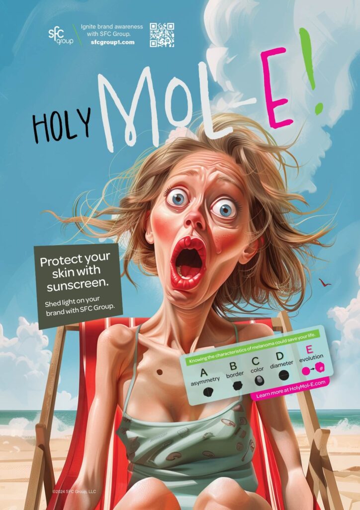 surprised woman sunbathing on a sun lounger. an inscription next to her "holy mol-E!"