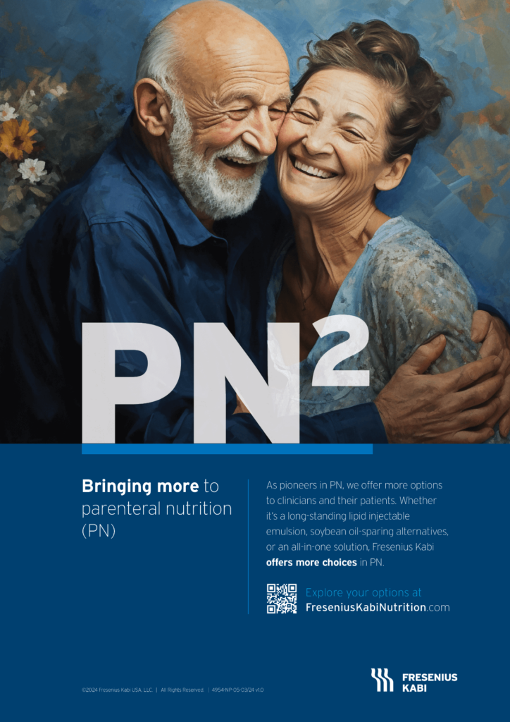 Smiling senior pair posing with blue background and text below: Bringing more to parenteral nutrition (PN). As pioneers in PN, we offer more options to clinicians and their patients. Whether it's a long-standing lipid injectable emulsion, soybean oil-sparing alternatives, or an all-in-one solution, Fresenius Kabi offers more choices in PN.