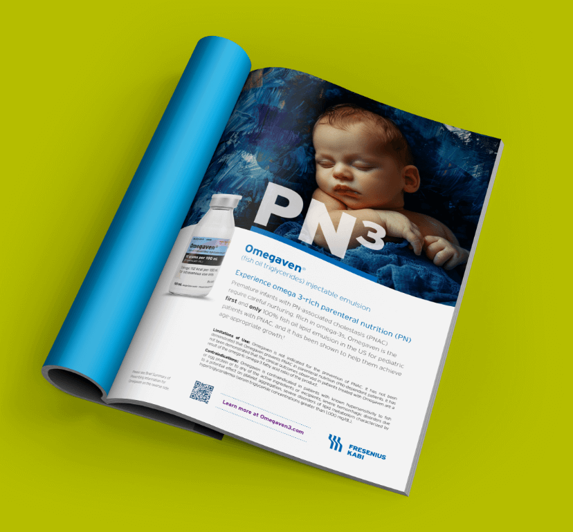 A visually appealing magazine with a sleeping child and info about the Omegaven product on a light olive background.