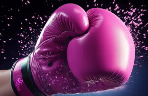 Close-up of pink boxing glove, with splashes of pink particles and SFC logo