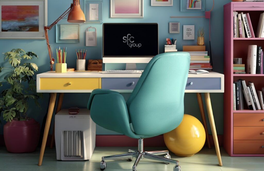 Colorful home office setup with a teal desk chair, modern desk featuring yellow and blue drawers, a desktop computer displaying “sfc group,” and various stationery, books, and artwork in the background. A yellow exercise ball is tucked under the desk, and a potted plant is on the left.