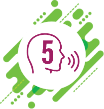 A circular icon shows the side profile of a head outlined in pink, with a large number '5' on the forehead and sound waves coming from the mouth. The icon is on a dark green background with various abstract green shapes.