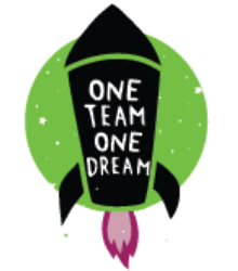 Black rocket with pink flame, white text "ONE TEAM ONE DREAM" vertically on body, white star specks, on green circle.