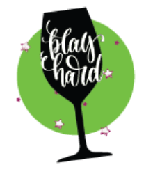 Black wine glass silhouette with white text "Play hard" in cursive, pink confetti accents, on green circle.