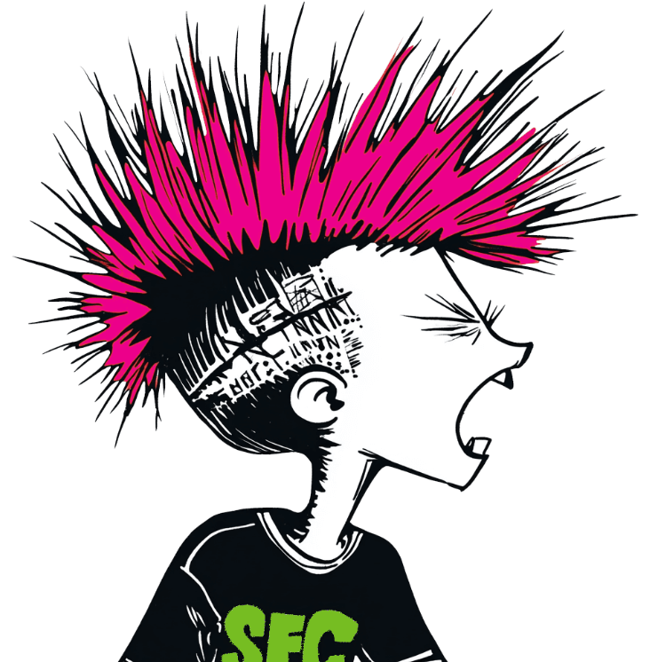 A bold black-and-white cartoon illustration of a punk rock character with an exaggerated, spiky pink mohawk exploding upward, viewed in profile facing right. The figure has shaved sides with scribbled tattoos or graffiti on the scalp, an ear piercing, eyes tightly shut, and mouth wide open as if shouting or screaming passionately. The character wears a black t-shirt with "SFC" in bright green distressed lettering across the chest, set against a solid black background.