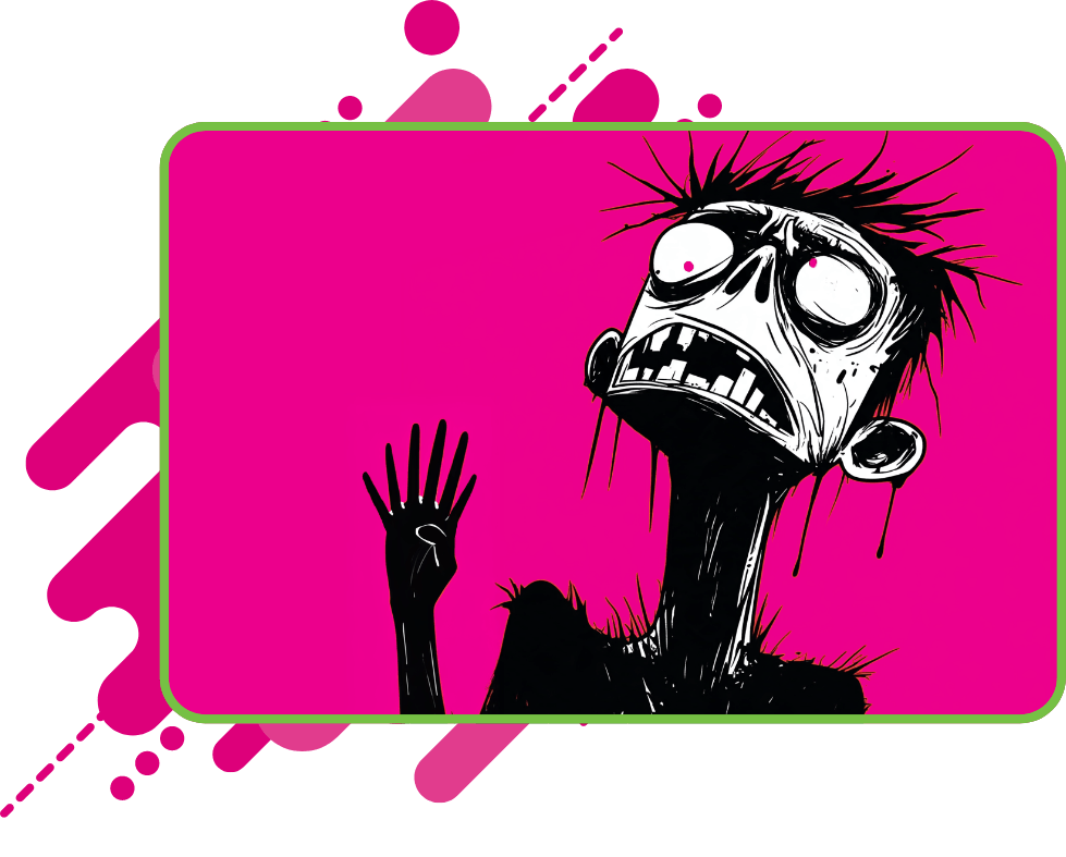 Black and white pen-and-ink illustration of a wide-eyed, open-mouthed zombie-like figure with spiky hair raising one hand, set against a bright pink background