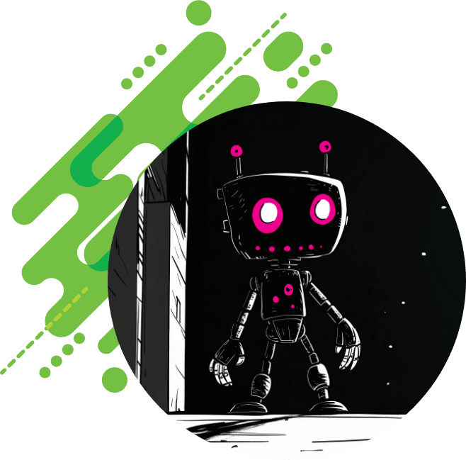 Illustration of a robot with pink glowing eyes and antennae standing in a dark scene inside a black circle, with green geometric shapes and dots decorating the upper left