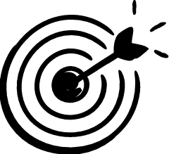 Black hand-drawn icon of a target with an arrow hitting the bullseye
