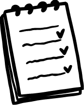 Black hand-drawn icon of a spiral notepad with lines of text and checkmarks