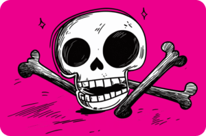 Black and white pen-and-ink illustration of a grinning skull with crossbones and small sparkle accents, set against a bright pink background
